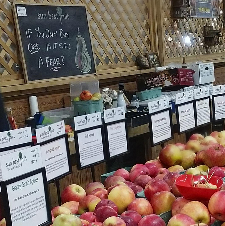 Sun Best Fruit market stall — 'If you only buy one is it still a pear?'